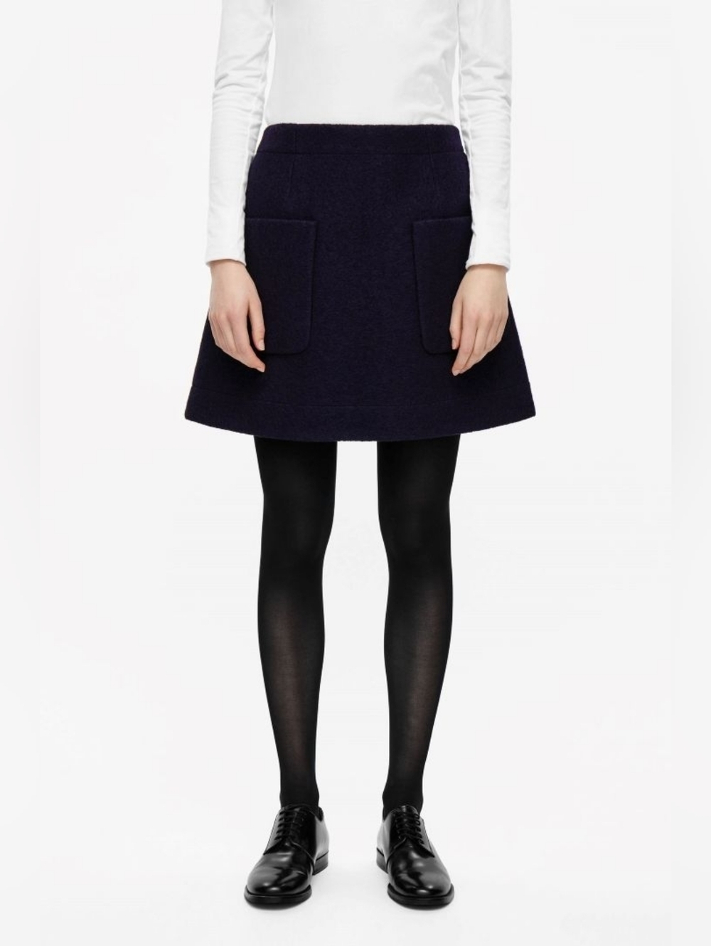 COS navy blue A-line wool mini skirt large front patch pockets 6